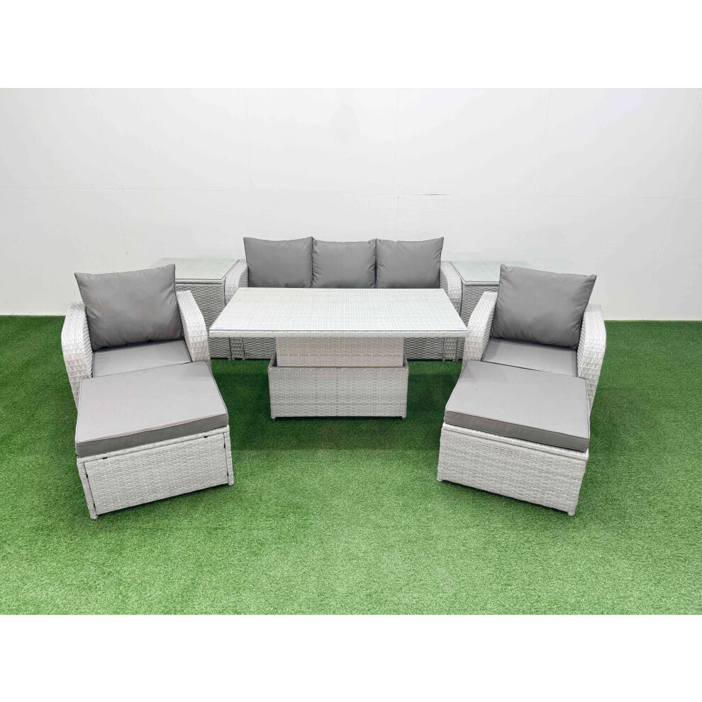 Fimous PE Rattan Garden Furniture Set  Adjustable Lifting Dining or Coffee Table 2 Side Table 2 Big Footstool Light Grey