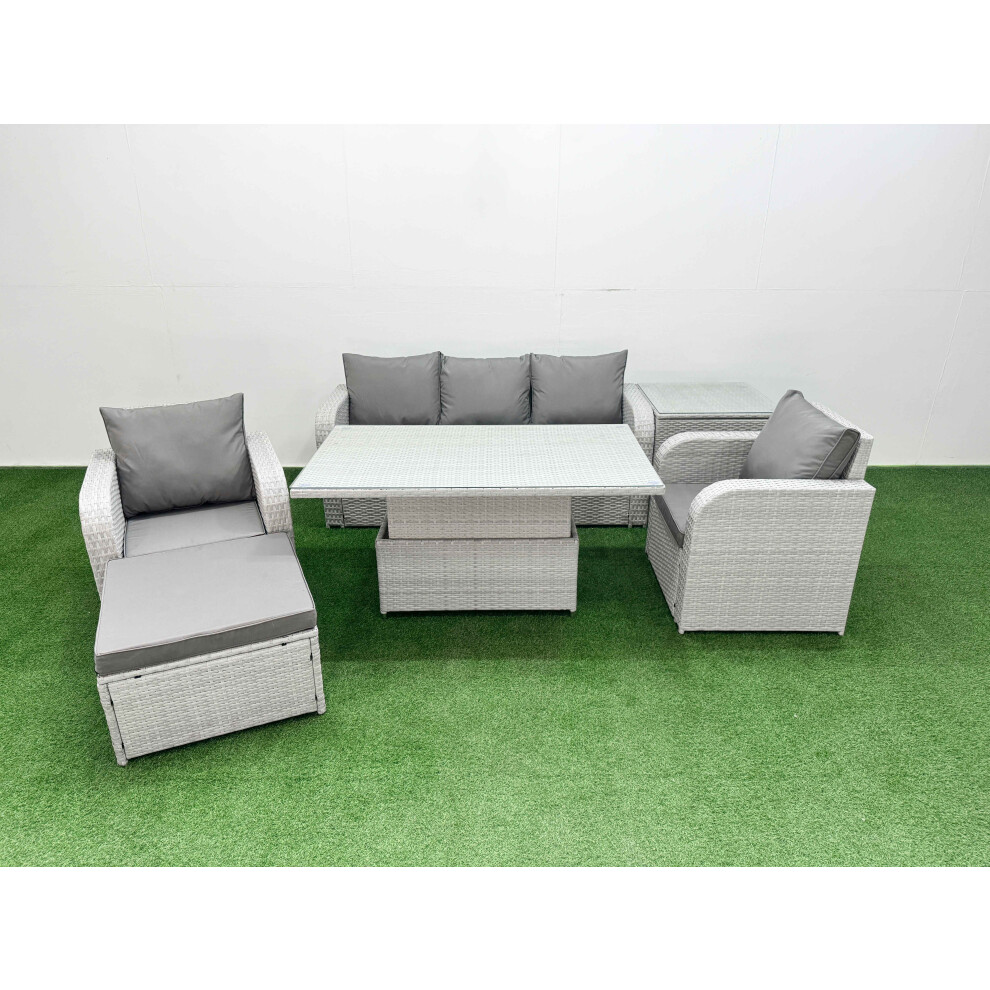 Fimous Pe Rattan Garden Furniture Set Adjustable Lifting Dining Or Coffee Table Side Table Big Footstool Light Grey