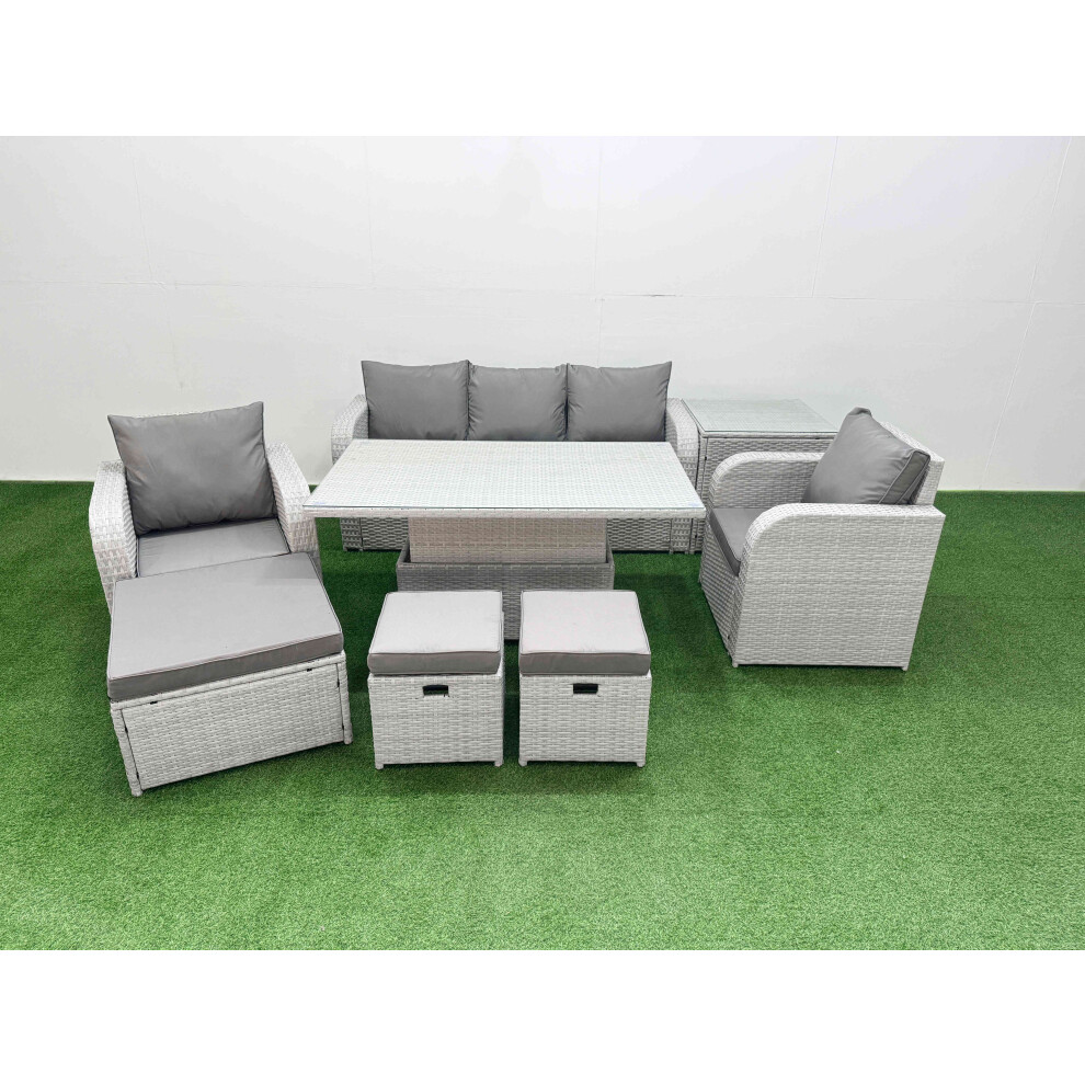 Fimous PE Rattan Garden Furniture Set  Adjustable Lifting Dining or Coffee Table Side Table 3 Stools Light Grey