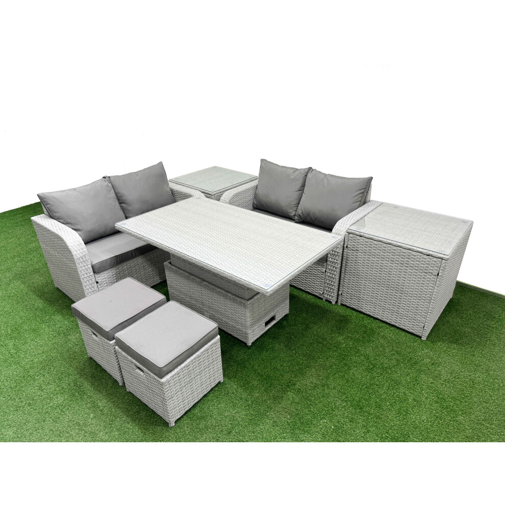 Fimous 6 Seater Outdoor Love Sofa Set Rattan Garden Furniture Set with Adjustable Lifting Dining or Coffee Table 2 Small Stools