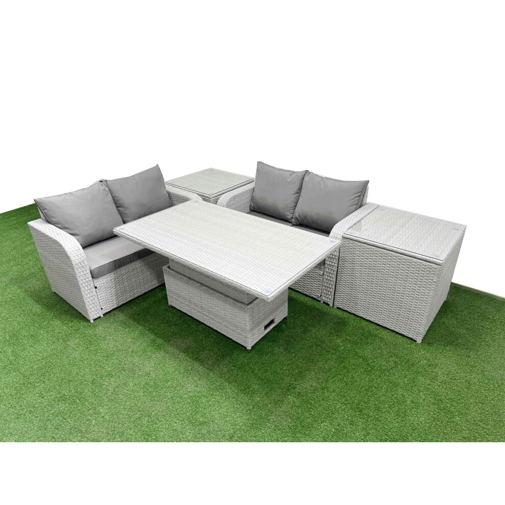 Fimous 4 Seater Outdoor Love Sofa Set Rattan Garden Furniture Set with Adjustable Lifting Dining or Coffee Table 2 Side Tables