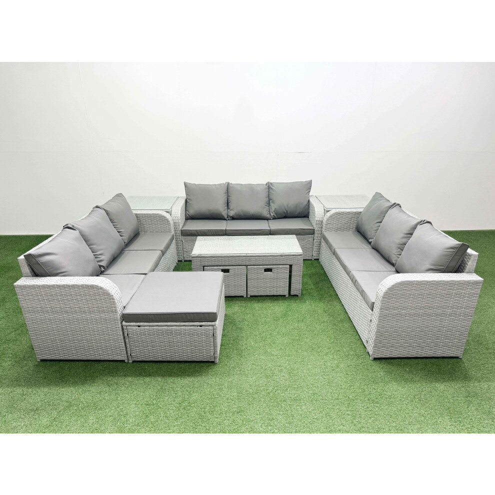 Fimous PE Rattan Lounge Sofa Set 12 Seater Outdoor Garden Furniture Set with3 Seater Sofa 3 Stools 2 Side Table Light Grey