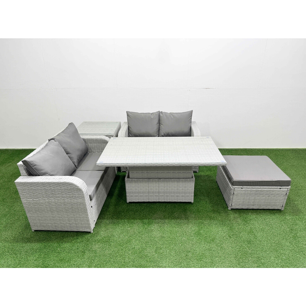 Fimous 5 Seater Outdoor Love Sofa Set Rattan Garden Furniture Set with Adjustable Lifting Dining or Coffee Table Big Footstool Side Table