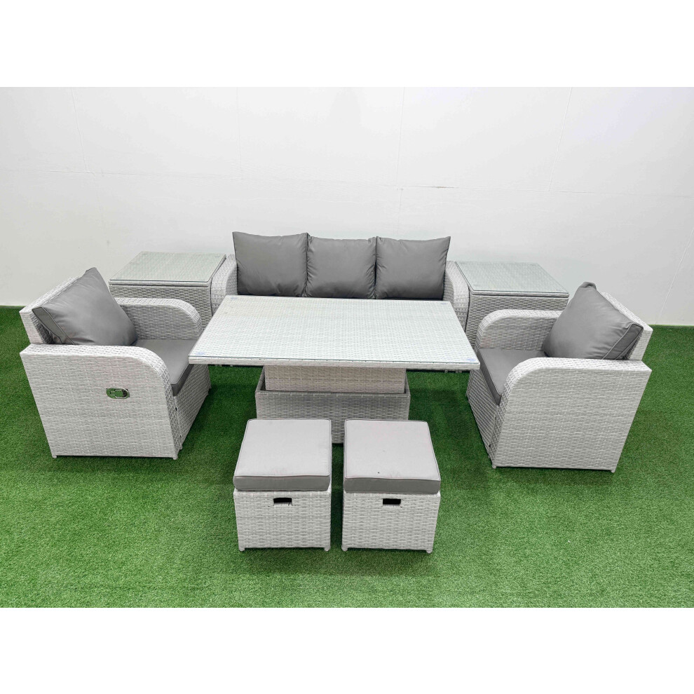 Fimous PE Rattan Garden Furniture Set  Adjustable Lifting Dining or Coffee Table 2 Side Table 2 Small Stools Light Grey