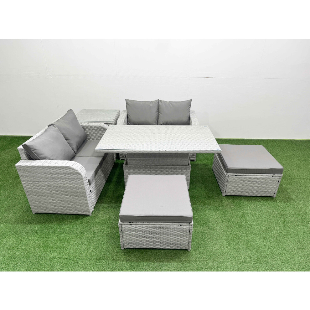 Fimous 6 Seater Outdoor Love Sofa Set Rattan Garden Furniture Set with Adjustable Lifting Dining or Coffee Table 2 Footstool Side Table