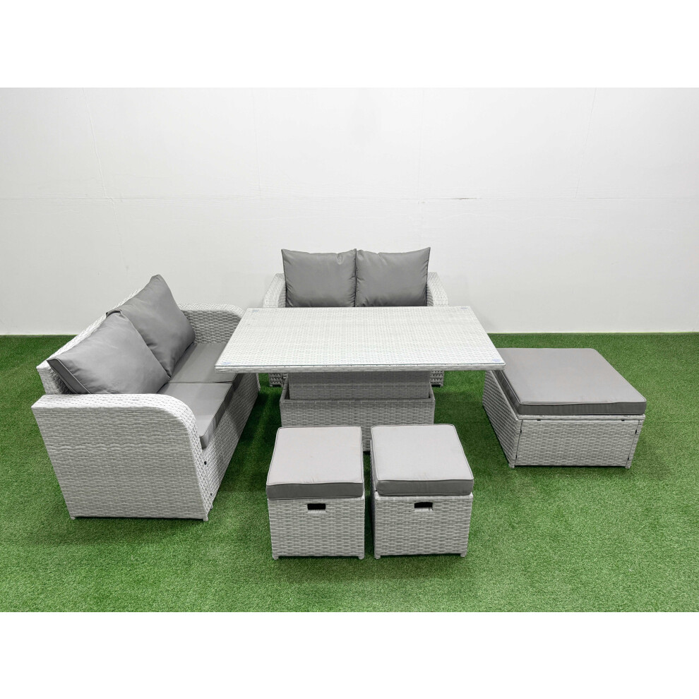 Fimous 7 Seater Outdoor Love Sofa Set Rattan Garden Furniture Set with Adjustable Lifting Dining or Coffee Table 3 Footstool