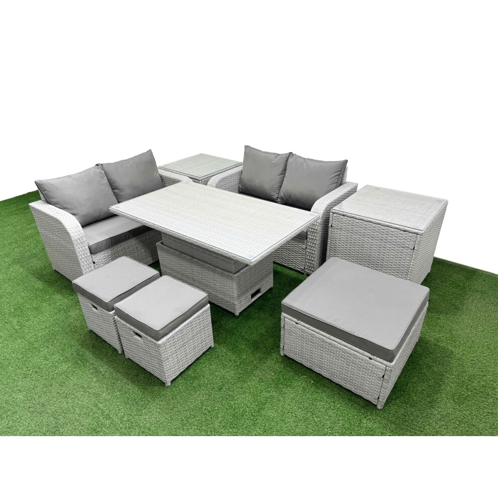 Fimous 7 Seater Outdoor Love Sofa Set Rattan Garden Furniture Set with Adjustable Lifting Dining or Coffee Table 3 Footstool 2 Side Tables