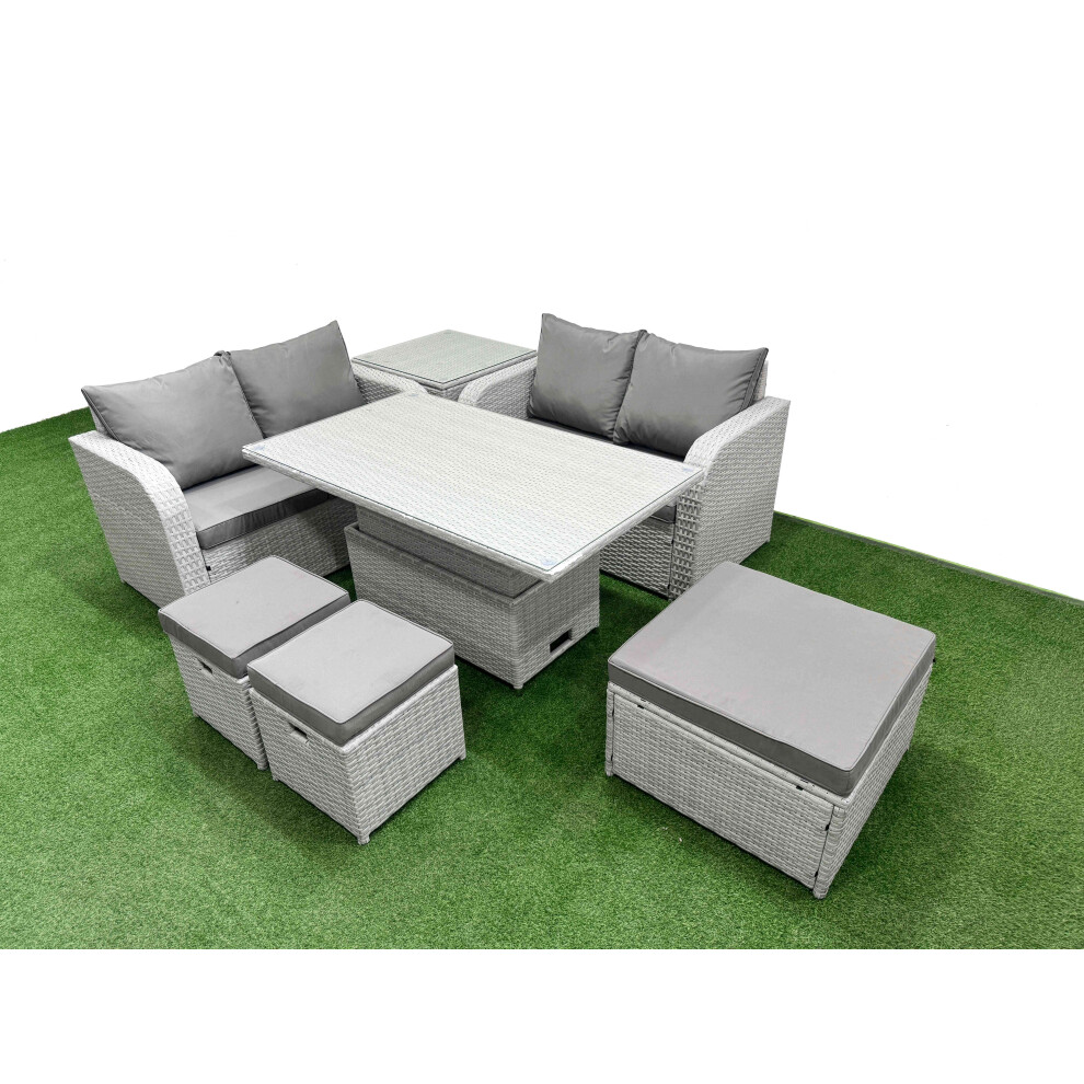 Fimous 7 Seater Outdoor Love Sofa Set Rattan Garden Furniture Set with Adjustable Lifting Dining or Coffee Table 3 Footstool Side Table