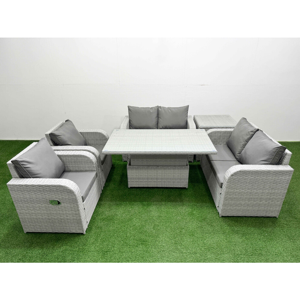 Fimous 6 Seater Outdoor Reclining Chair Love Sofa Set Rattan Garden Furniture Set with Adjustable Lifting Dining or Coffee Table Side Table