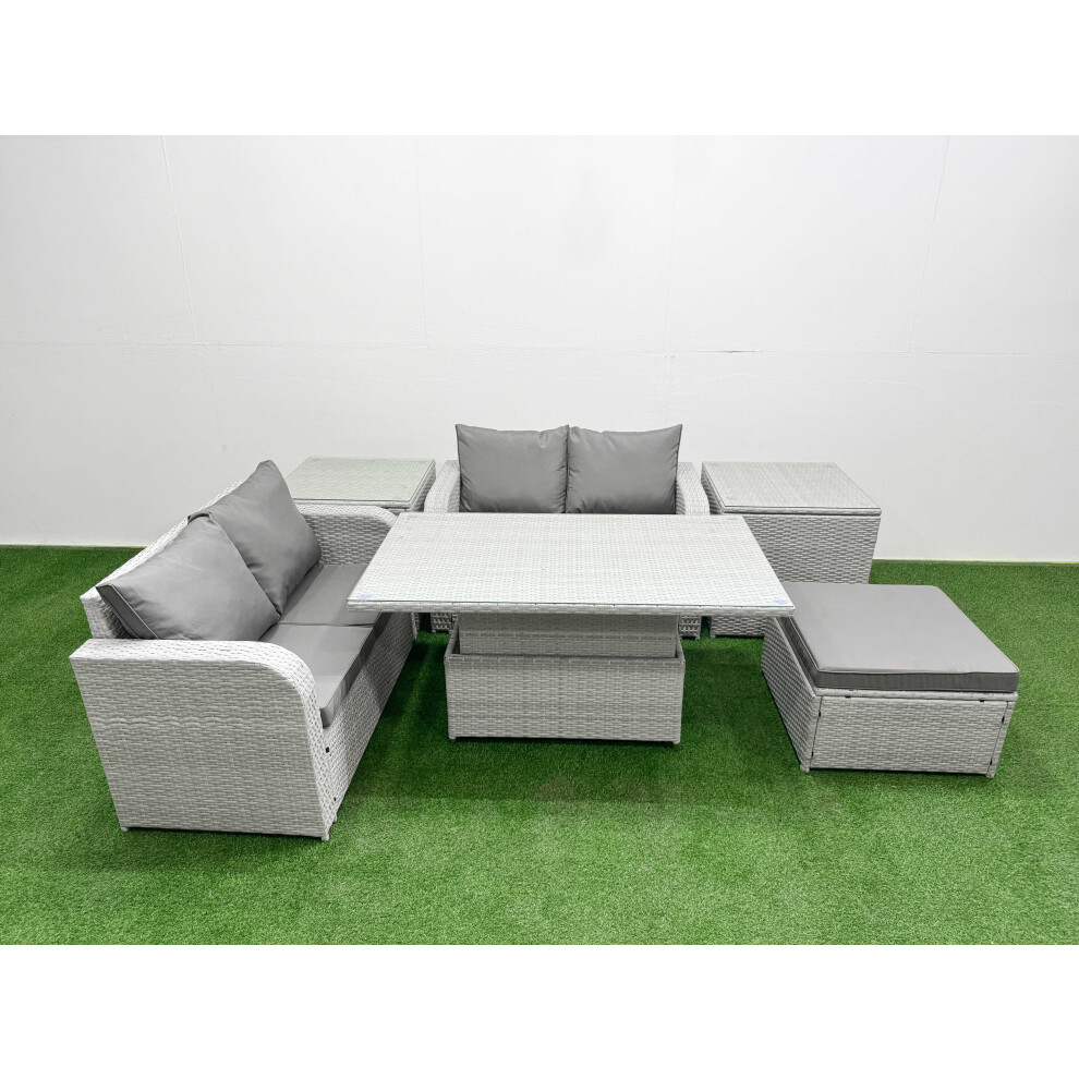 Fimous 5 Seater Outdoor Love Sofa Set Rattan Garden Furniture Set with Adjustable Lifting Dining or Coffee Table Big Footstool 2 Side Tables