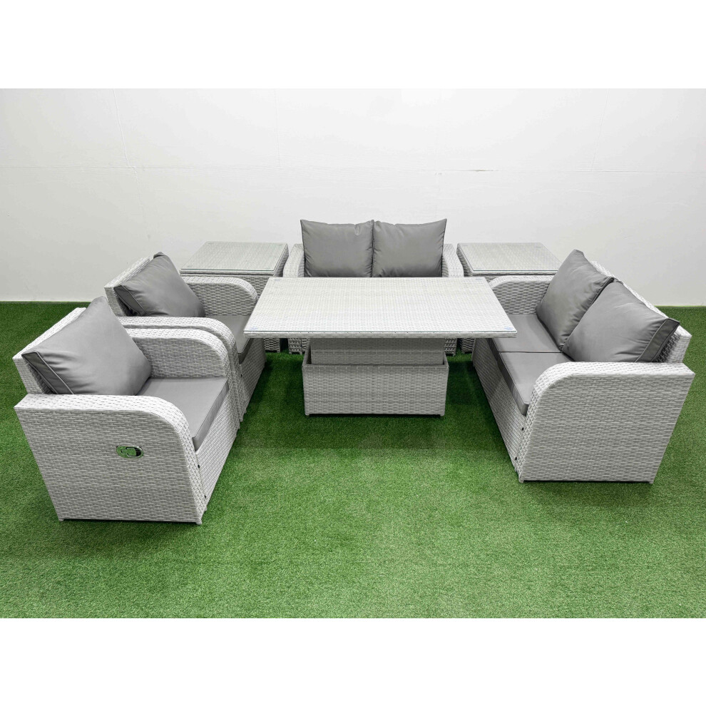 Fimous 6 Seater Outdoor Reclining Chair Love Sofa Set Rattan Garden Furniture Set with Adjustable Lifting Dining or Coffee Table 2 Side Tables