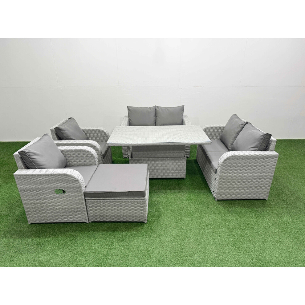 Fimous 7 Seater Outdoor Reclining Chair Love Sofa Set Rattan Garden Furniture Set With Adjustable Lifting Dining Or Coffee Table Footstool Grey