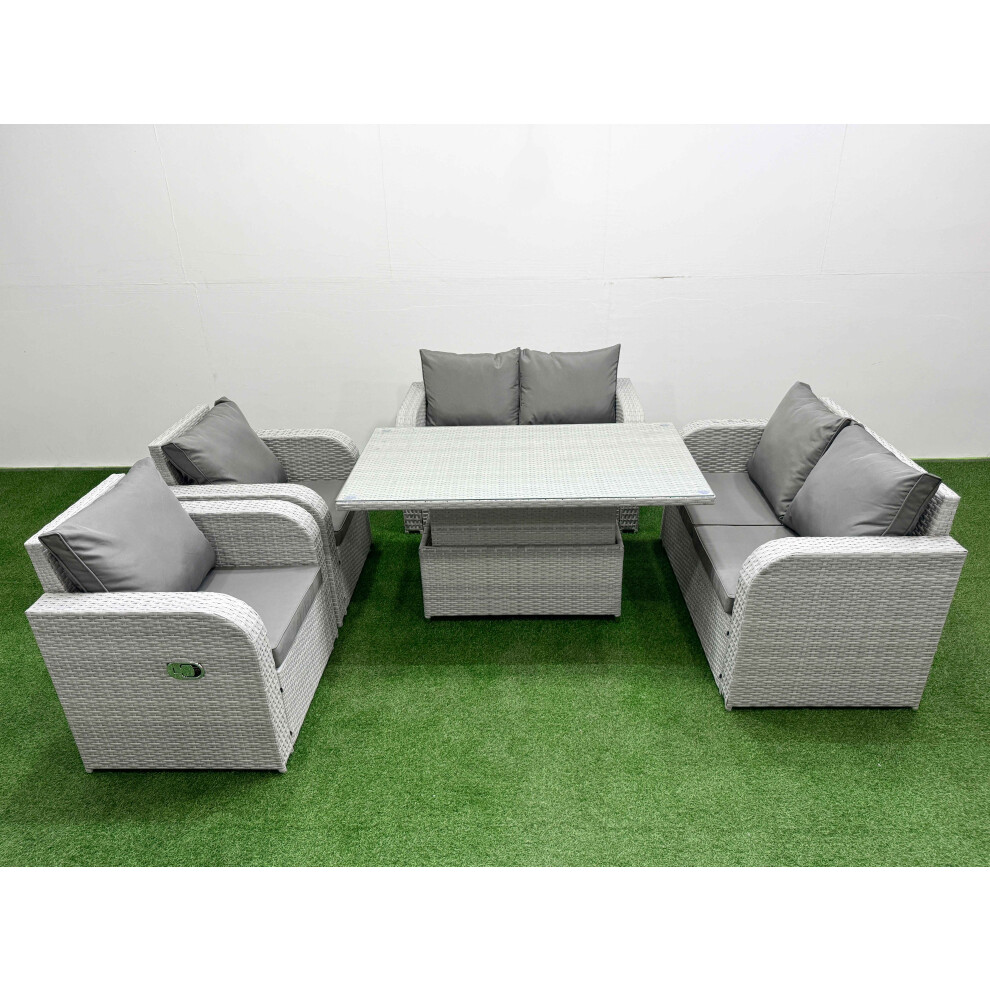 Fimous 6 Seater Outdoor Reclining Chair Love Sofa Set Rattan Garden Furniture Set with Adjustable Lifting Dining or Coffee Table