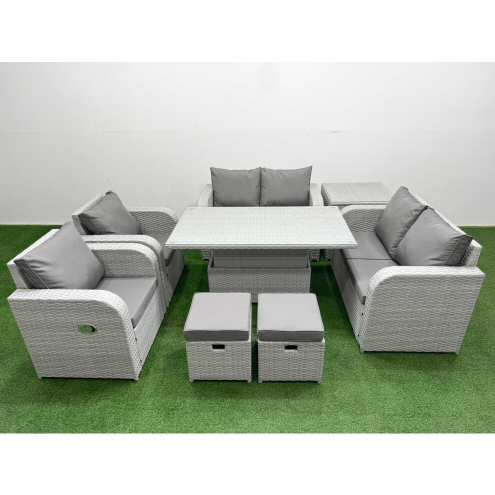 Fimous 8 Seater Outdoor Reclining Chair Love Sofa Set Rattan Garden Furniture Set With Adjustable Lifting Dining Or Coffee Table Grey