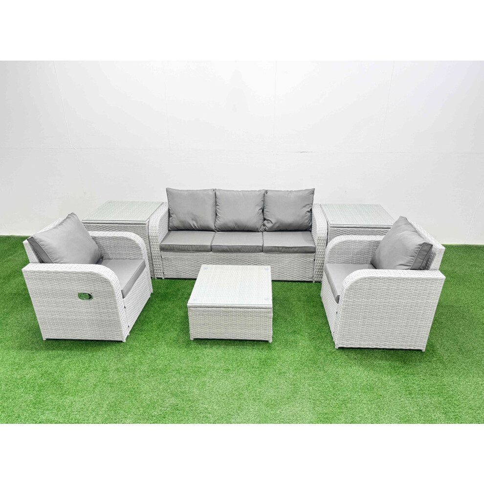 Fimous PE Rattan Garden Furniture Set Reclining Chair Sofa Lounge Sofa Set Square Coffee Table 2 Side Table Light Grey