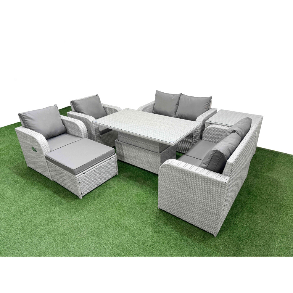 Fimous 7 Seater Outdoor Reclining Chair Love Sofa Set Rattan Garden Furniture Set with Adjustable Lifting Dining or Coffee Table Footstool