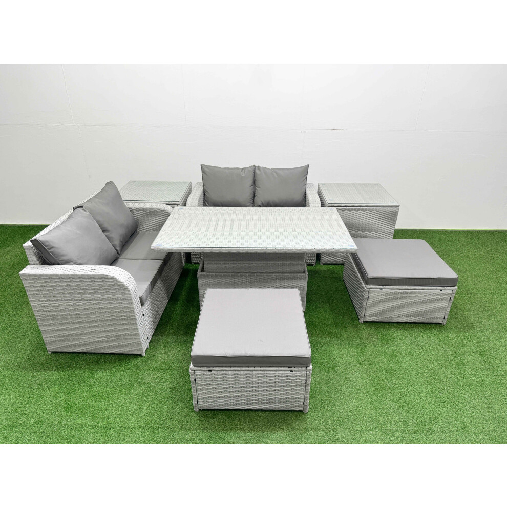 Fimous 6 Seater Outdoor Love Sofa Set Rattan Garden Furniture Set with Adjustable Lifting Dining or Coffee Table 2 Footstool 2 Side Tables