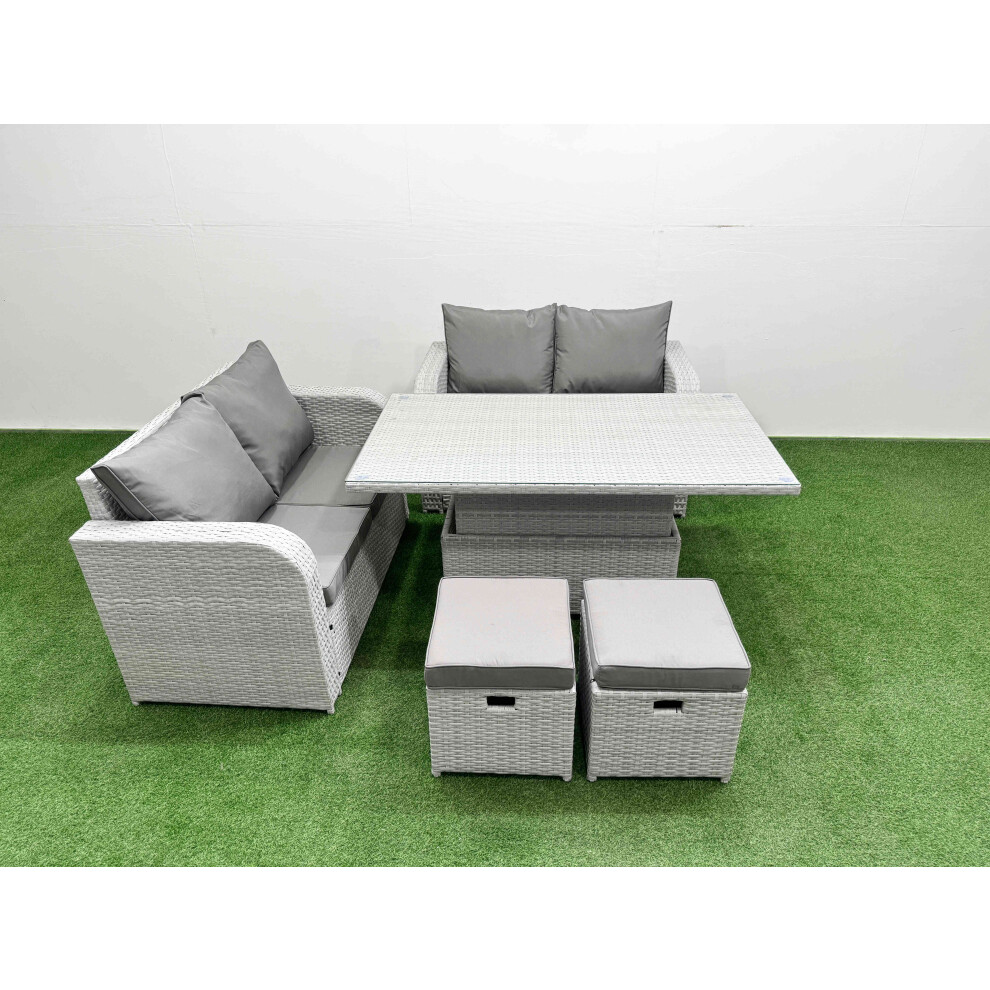 Fimous 6 Seater Outdoor Love Sofa Set Rattan Garden Furniture Set with Adjustable Lifting Dining or Coffee Table 2 Small Stools