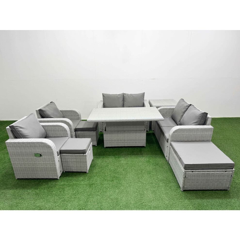 Fimous 9 Seater Outdoor Reclining Chair Love Sofa Set Rattan Garden Furniture Set with Adjustable Lifting Dining or Coffee Table 3 Stools