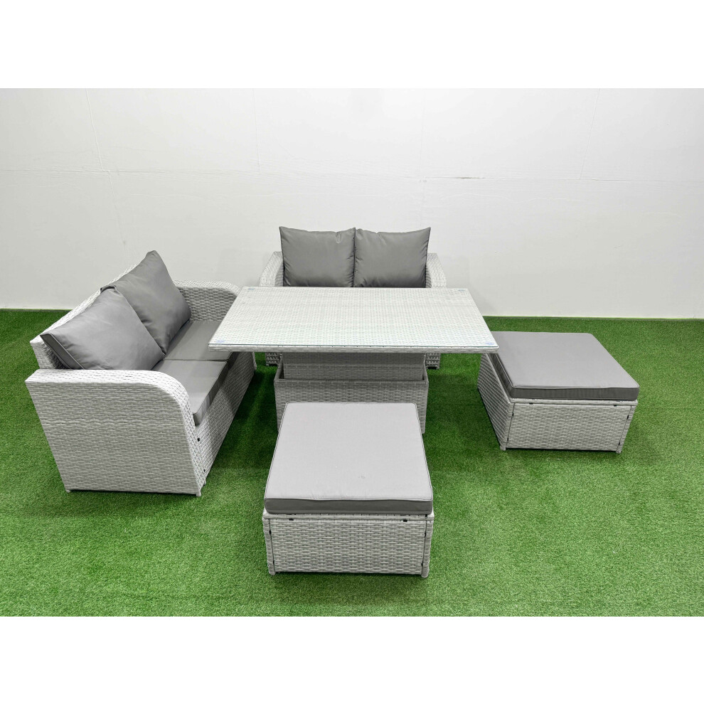 Fimous 6 Seater Outdoor Love Sofa Set Rattan Garden Furniture Set with Adjustable Lifting Dining or Coffee Table 2 Footstool