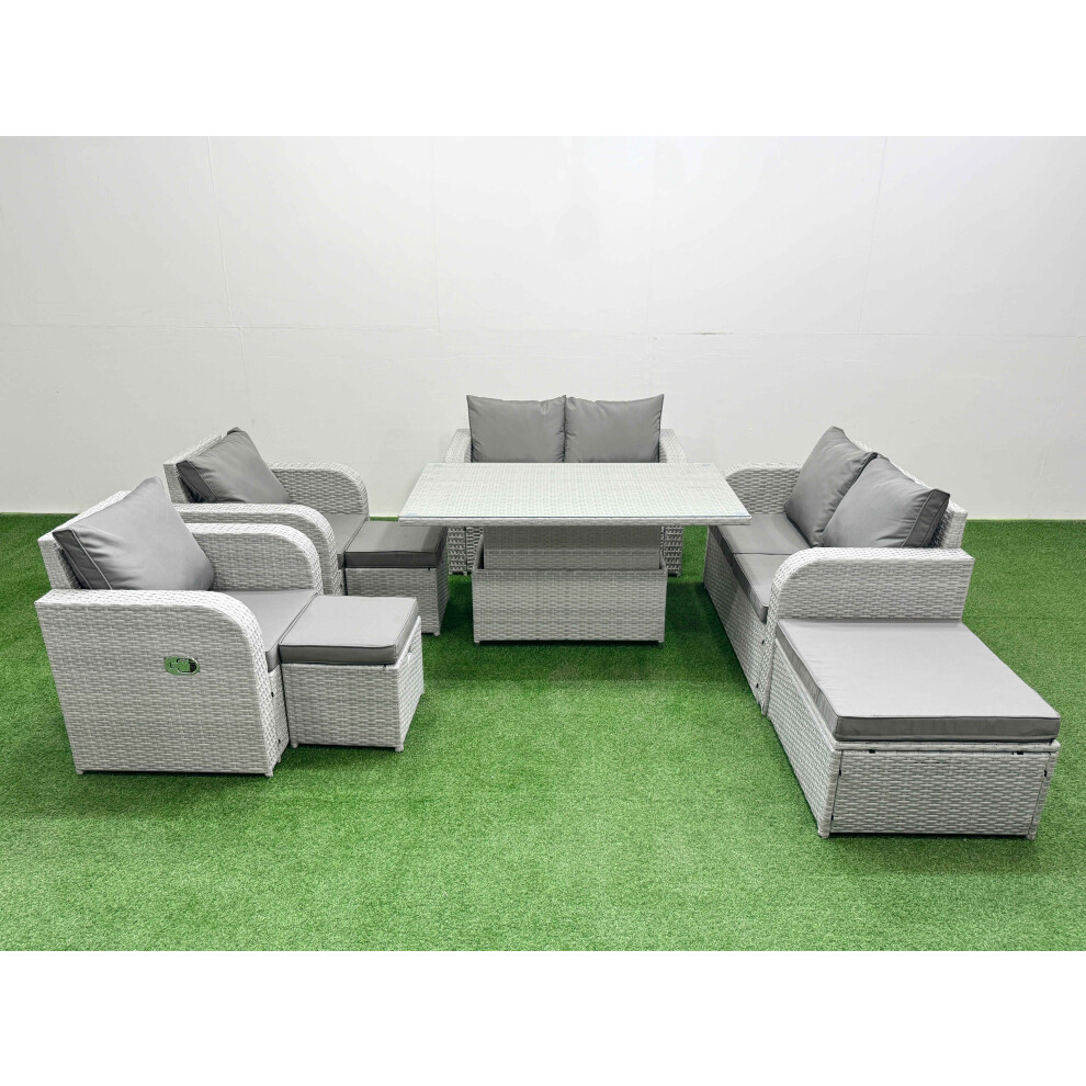 Fimous 9 Seater Outdoor Reclining Chair Love Sofa Set Rattan Garden Furniture Set with Adjustable Lifting Dining or Coffee Table 3 Stools