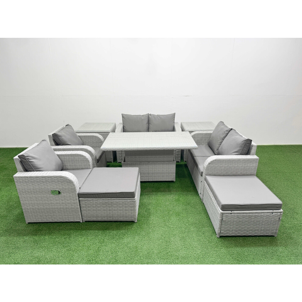 Fimous 8 Seater Outdoor Reclining Chair Love Sofa Set Rattan Garden Furniture Set with Adjustable Lifting Dining or Coffee Table 2 Side Table