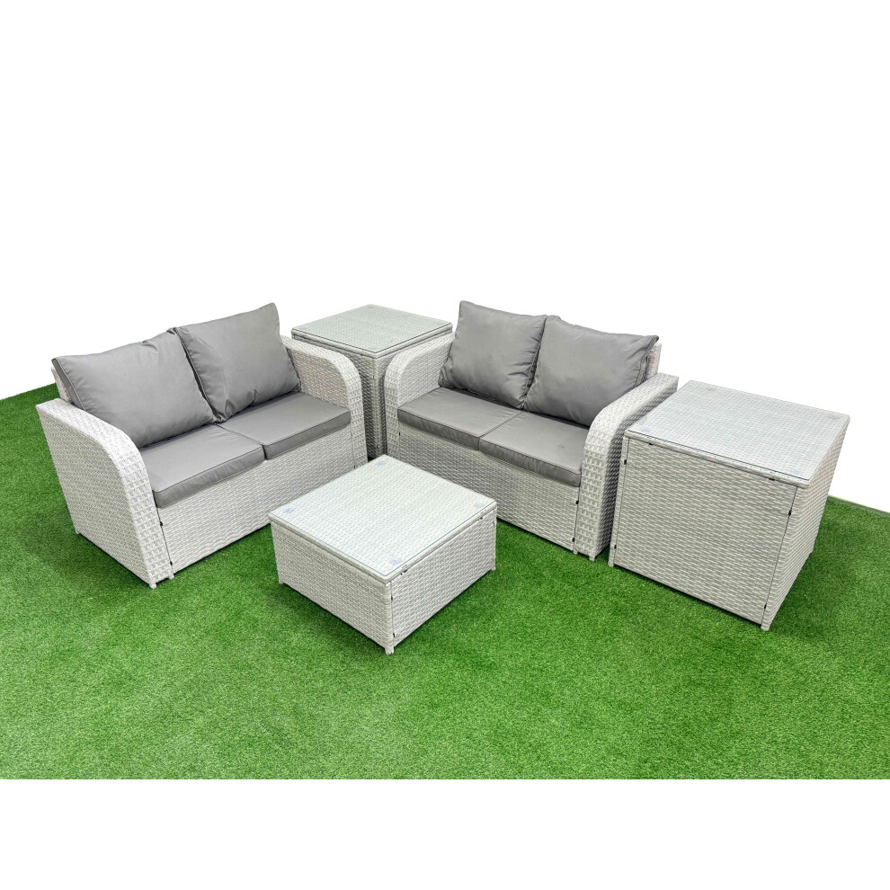 Fimous 4 Seater Outdoor Love Sofa Set Rattan Garden Furniture Set with Square Coffee Table 2 Side Tables Light Grey