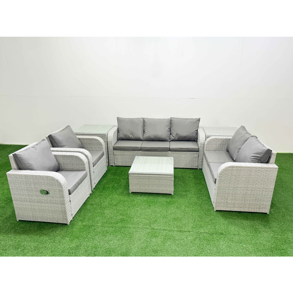 Fimous PE Rattan Garden Furniture Set Adjustable Chair Sofa Double Love Seat 2 Seater Sofa Lounge Set 2 Side Table Light Grey