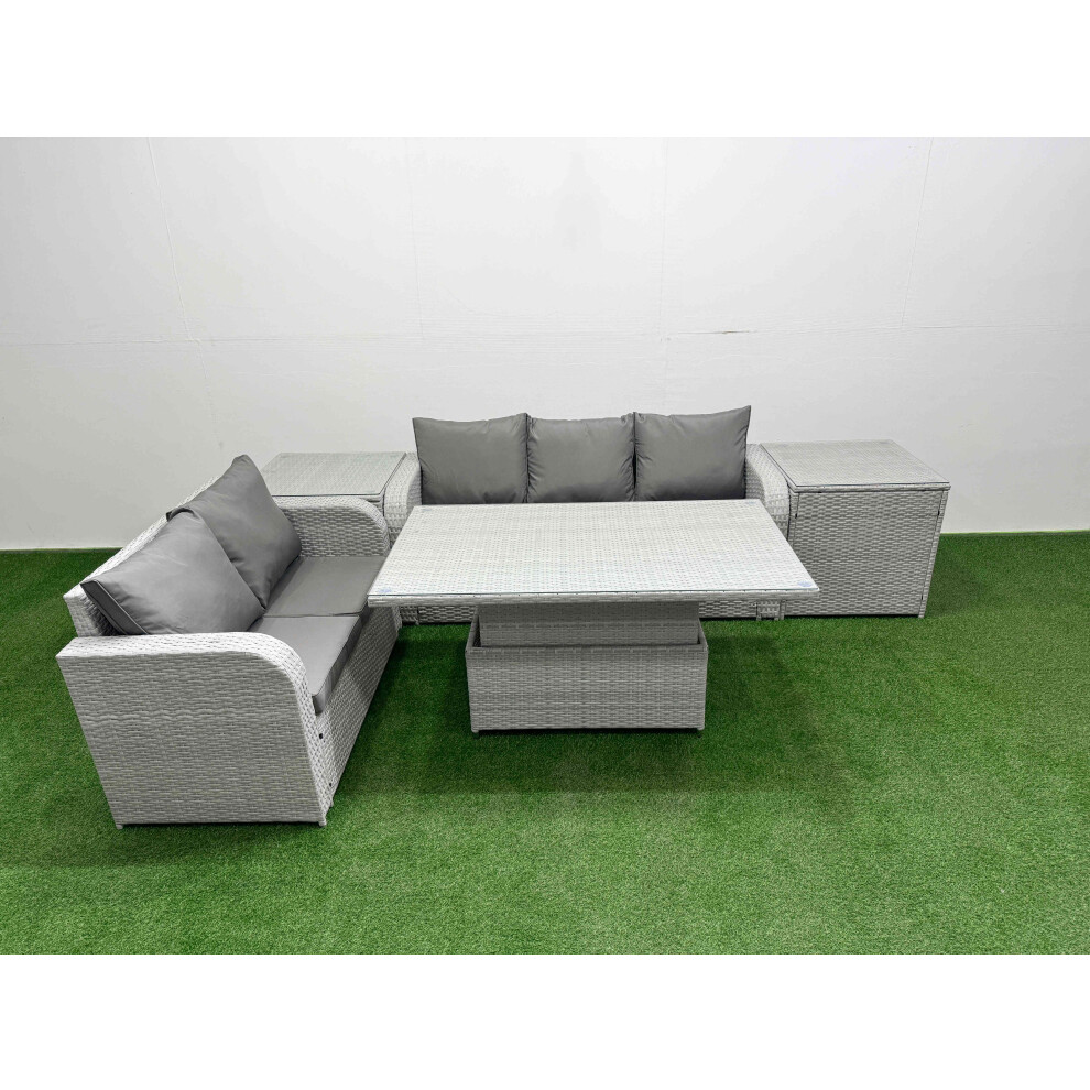 Fimous 5 Seater PE Rattan Wicker Garden Furniture Patio Conservatory Sofa Set with Adjustable Lifting Dining Table  2 Side Table