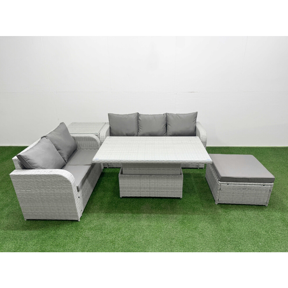 Fimous 6 Seater PE Rattan Wicker Garden Furniture Patio Conservatory Sofa Set with Adjustable Lifting Dining Table  Big Footstool Side Table