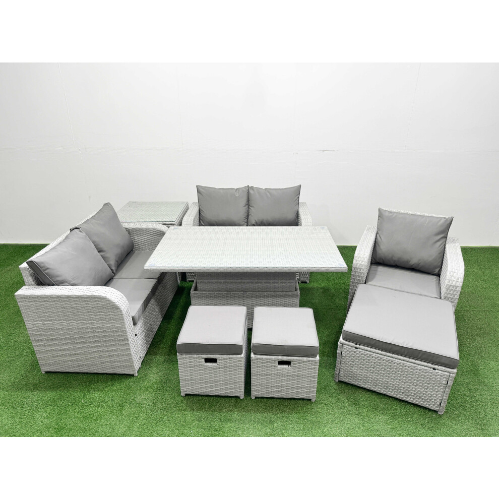 Fimous High Back Poly Rattan Garden Furniture Set With Adjustable Lifting Dining Or Coffee Table Indoor Outdoor Patio Set 3 Stools Side Table