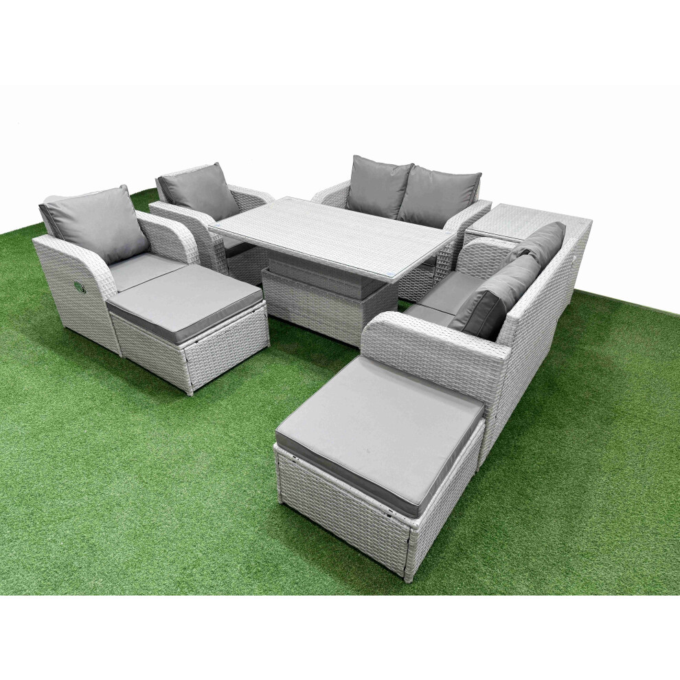 Fimous 8 Seater Outdoor Reclining Chair Love Sofa Set Rattan Garden Furniture Set with Adjustable Lifting Dining or Coffee Table