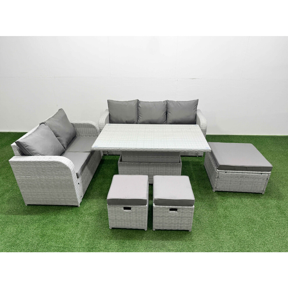 Fimous 8 Seater PE Rattan Wicker Garden Furniture Patio Conservatory Sofa Set with Adjustable Lifting Dining Table  3 Stool