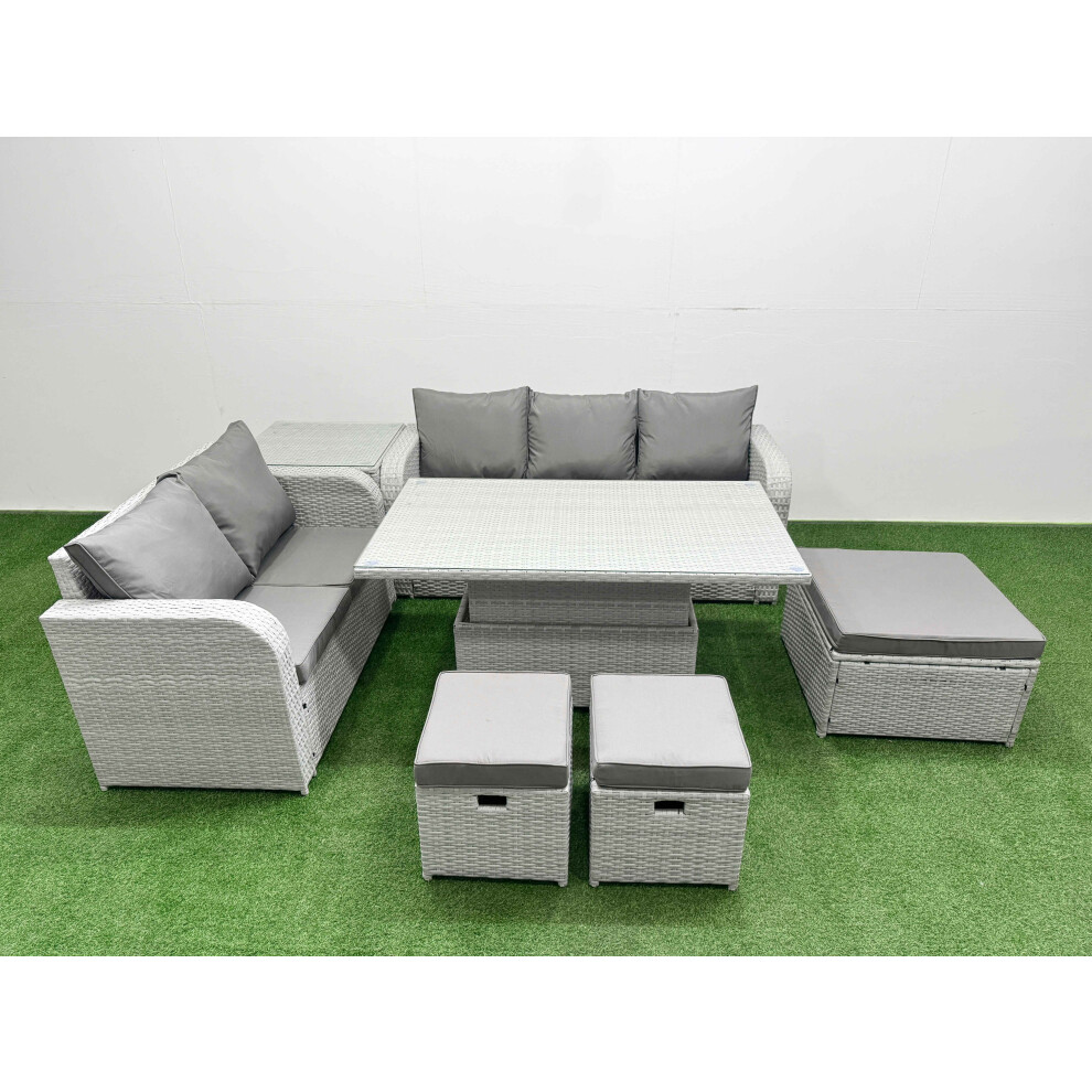 Fimous 8 Seater PE Rattan Wicker Garden Furniture Patio Conservatory Sofa Set with Adjustable Lifting Dining Table  3 Stool Side Table