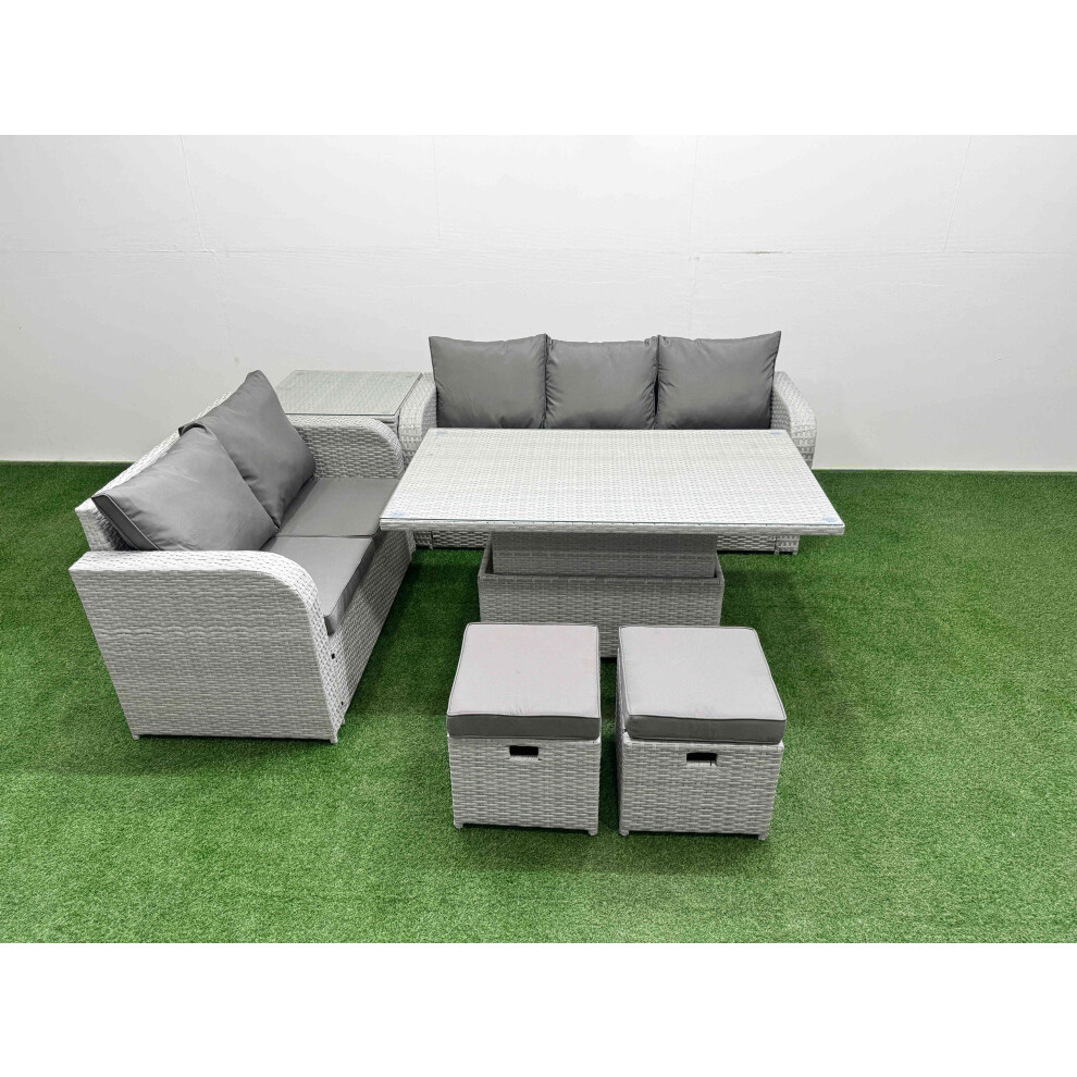 Fimous 7 Seater PE Rattan Wicker Garden Furniture Patio Conservatory Sofa Set With Adjustable Lifting Dining Table 2 Stools Side Table