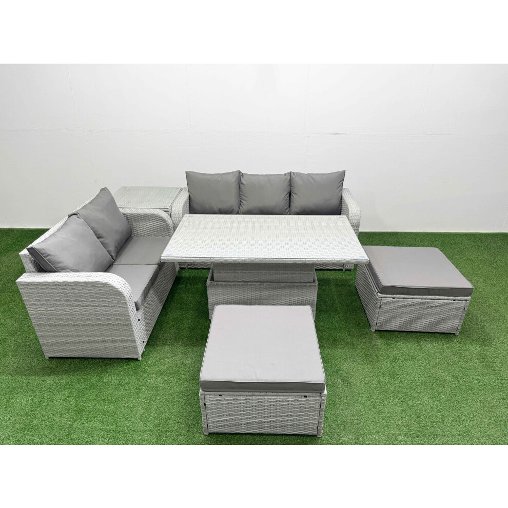 Fimous 7 Seater PE Rattan Wicker Garden Furniture Patio Conservatory Sofa Set with Adjustable Lifting Dining Table  2 Big Footstool Side Table