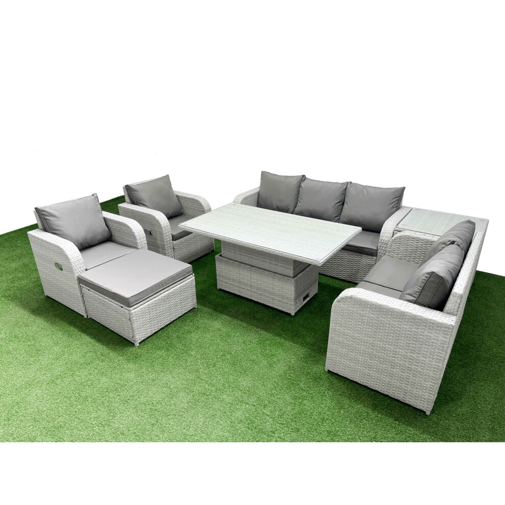 Fimous Pe Rattan Garden Furniture Set Adjustable Lifting Dining Or Coffee Table Big Footstool Side Table Light Grey