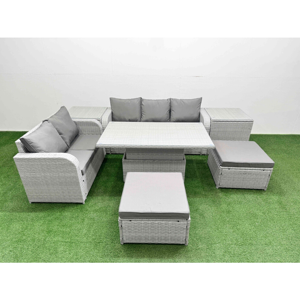 Fimous 7 Seater PE Rattan Wicker Garden Furniture Patio Conservatory Sofa Set with Adjustable Lifting Dining Table  2 Big Footstool 2 Side Table