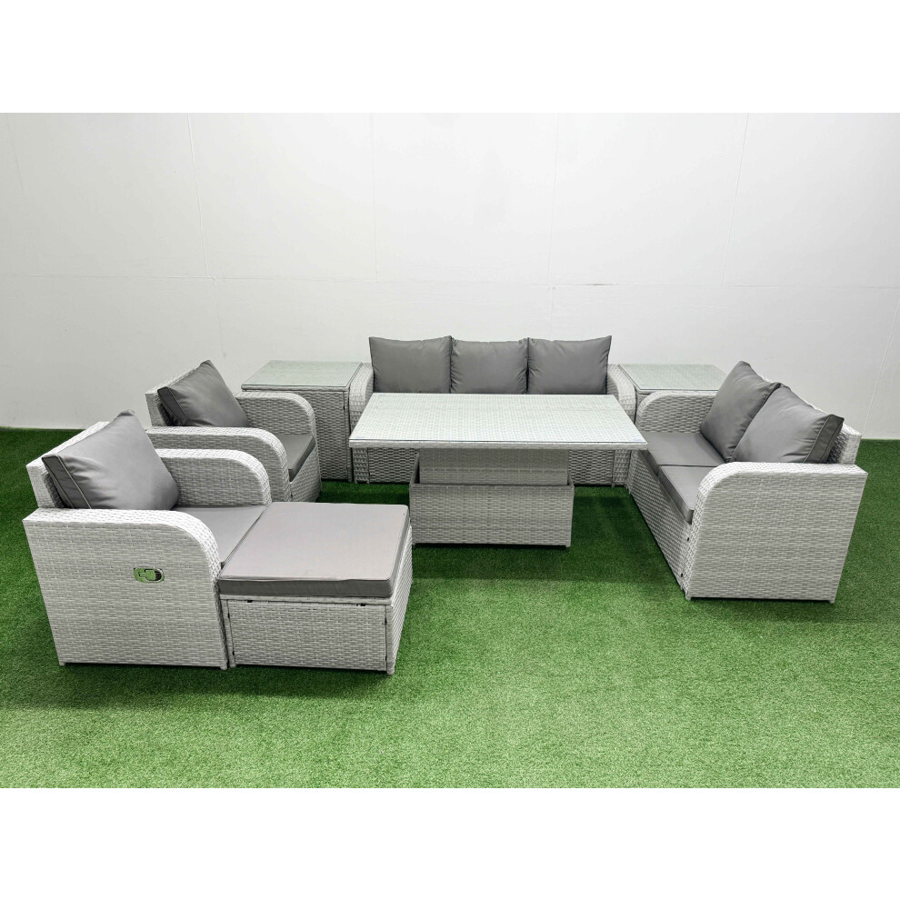 Fimous PE Rattan Garden Furniture Set  Adjustable Lifting Dining or Coffee Table Big Footstool 2 Side Table Light Grey