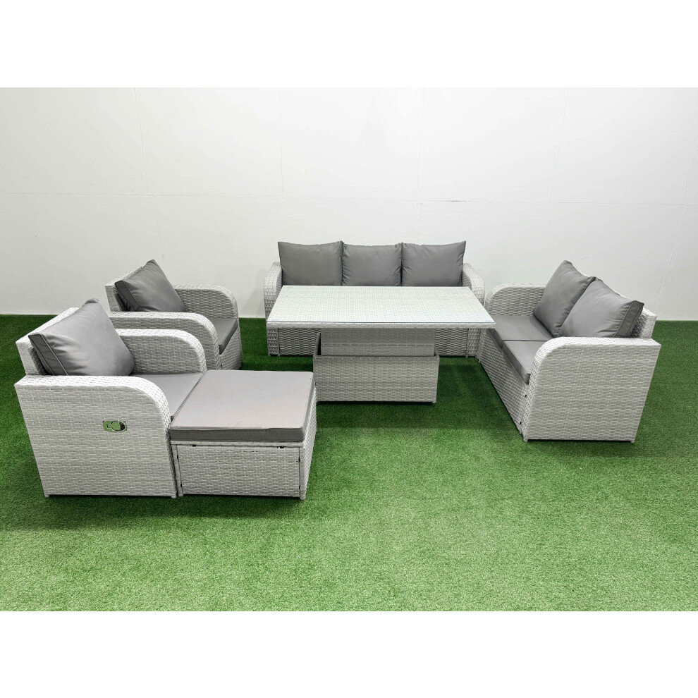 Fimous Pe Rattan Garden Furniture Set Adjustable Lifting Dining Or Coffee Table Big Footstool Light Grey