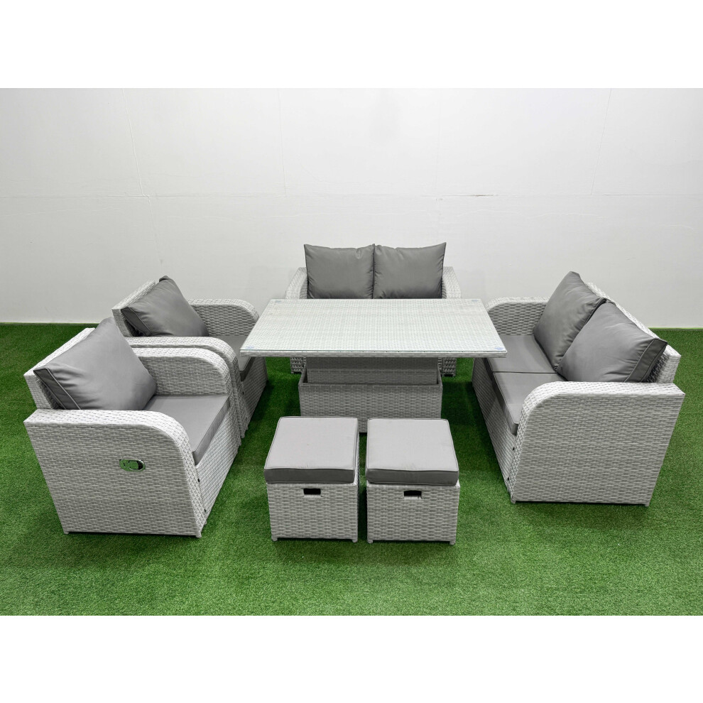 Fimous 8 Seater Outdoor Reclining Chair Love Sofa Set Rattan Garden Furniture Set with Adjustable Lifting Dining or Coffee Table 2 Stools