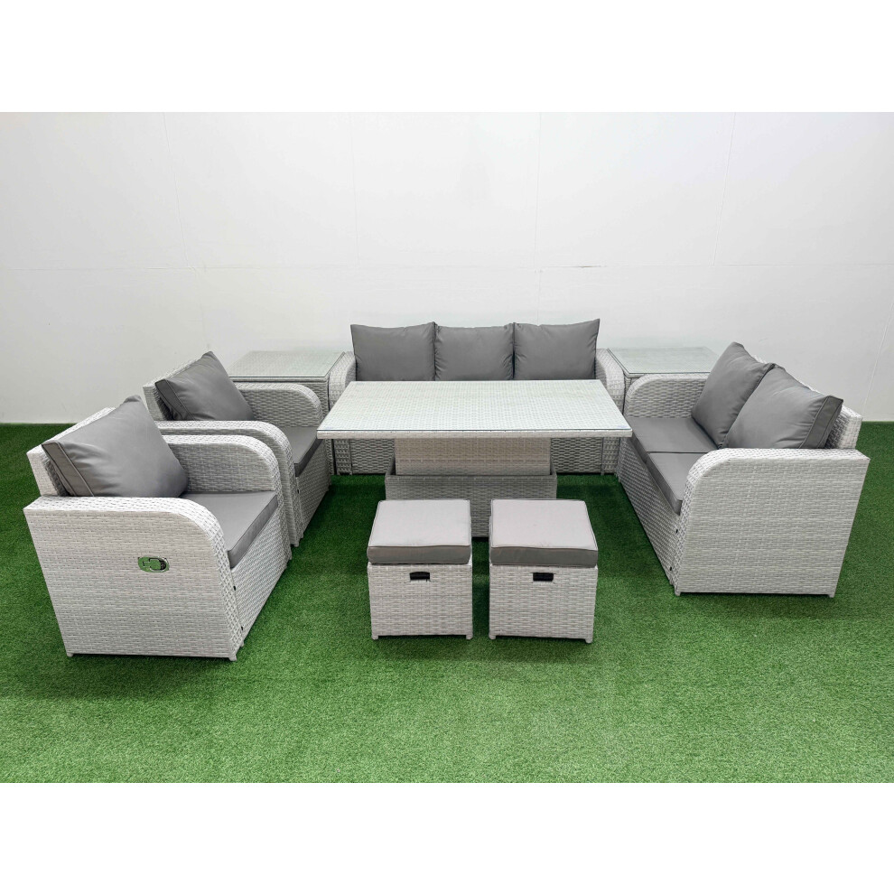 Fimous PE Rattan Garden Furniture Set  Adjustable Lifting Dining or Coffee Table 2 Stools 2 Side Table Light Grey