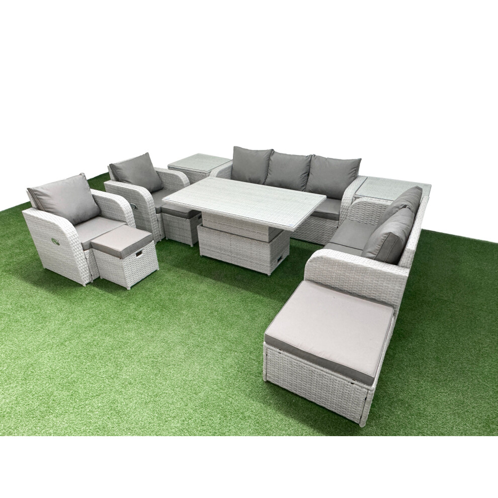 Fimous Pe Rattan Garden Furniture Set Adjustable Lifting Dining Or Coffee Table 3 Stools 2 Side Table Light Grey