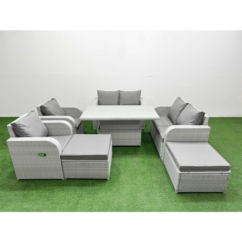 Fimous 8 Seater Outdoor Reclining Chair Love Sofa Set Rattan Garden Furniture Set with Adjustable Lifting Dining or Coffee Table 2 Big FootStools