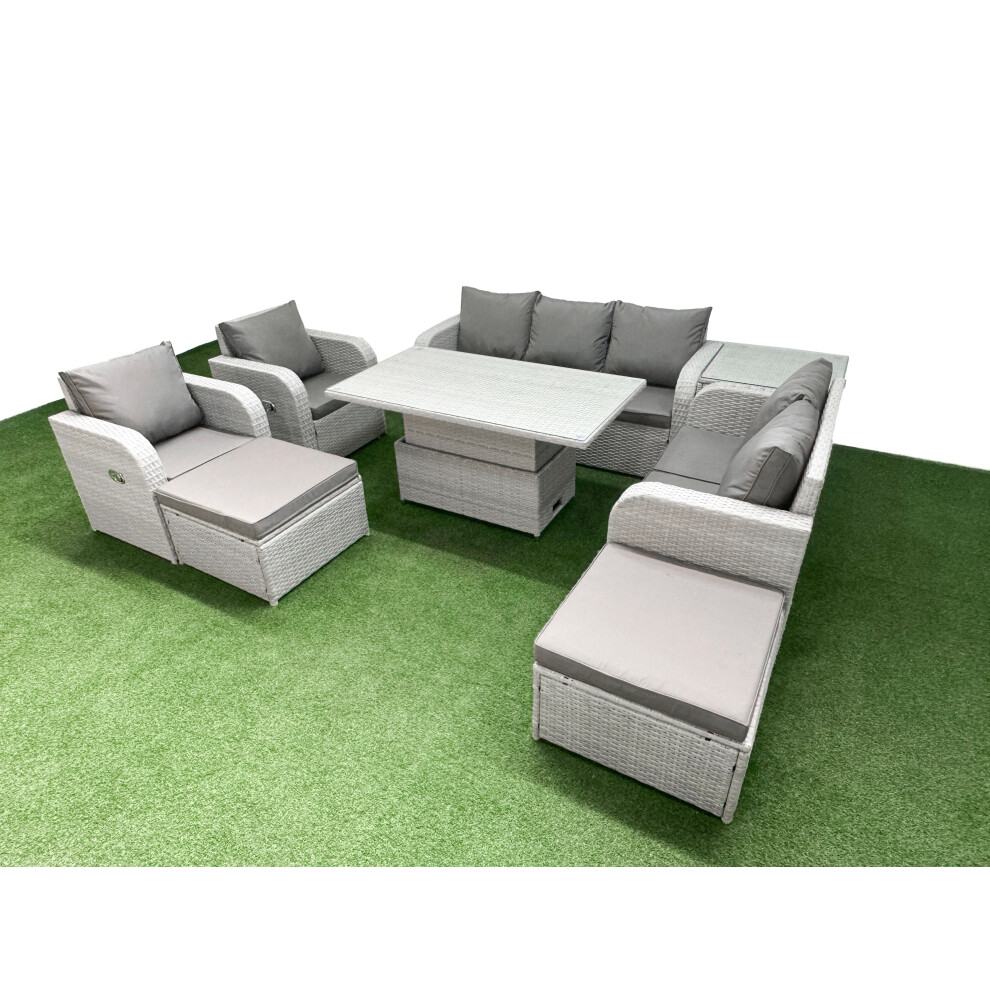 Fimous PE Rattan Garden Furniture Set  Adjustable Lifting Dining or Coffee Table 2 Big Footstool Side Table Light Grey