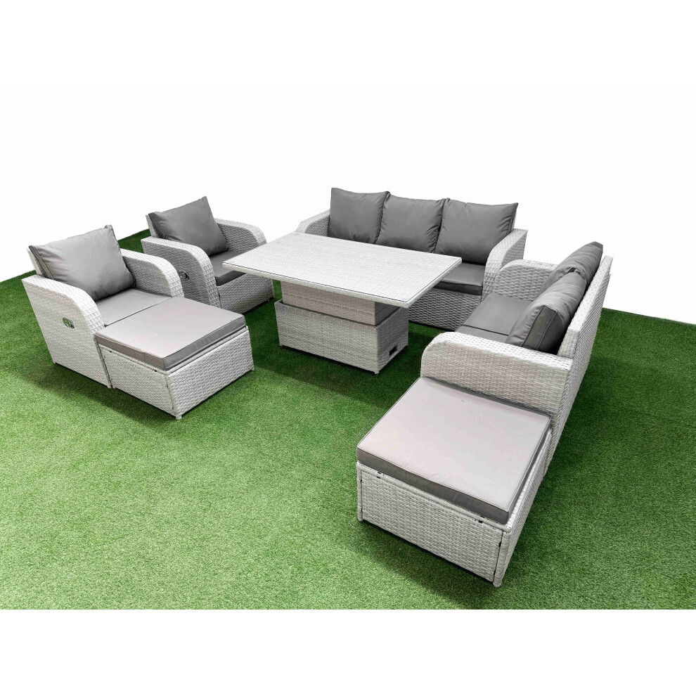 Fimous PE Rattan Garden Furniture Set  Adjustable Lifting Dining or Coffee Table 2 Big Footstool Light Grey