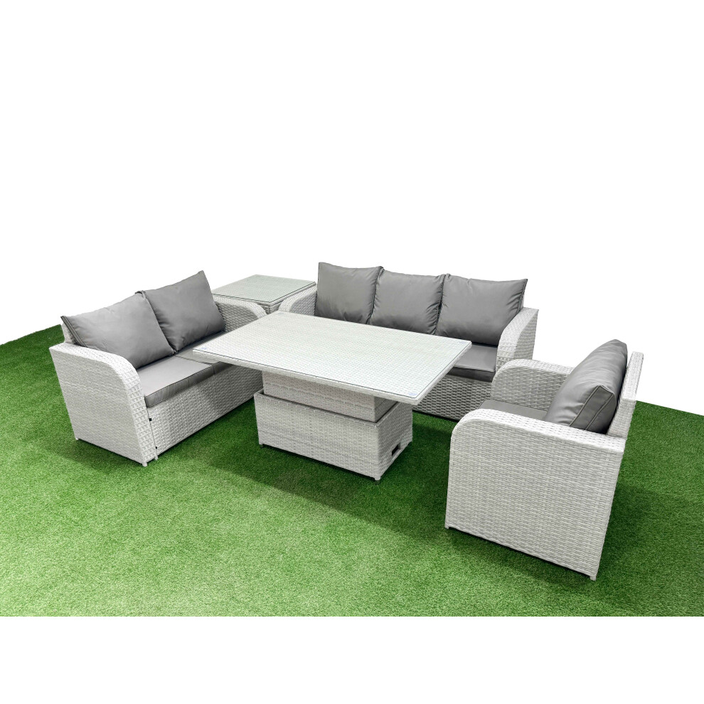 Fimous Patio PE Wicker 6 Seater Outdoor Rattan Furniture Sofa Sets with Adjustable Lifting Dining or Coffee TableSide Table Light Grey