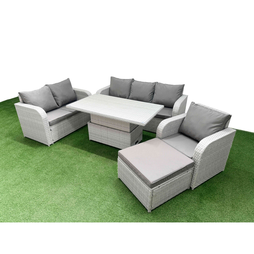 Fimous Patio PE Wicker 7 Seater Outdoor Rattan Furniture Sofa Sets with Adjustable Lifting Dining or Coffee TableBig Footstool Light Grey