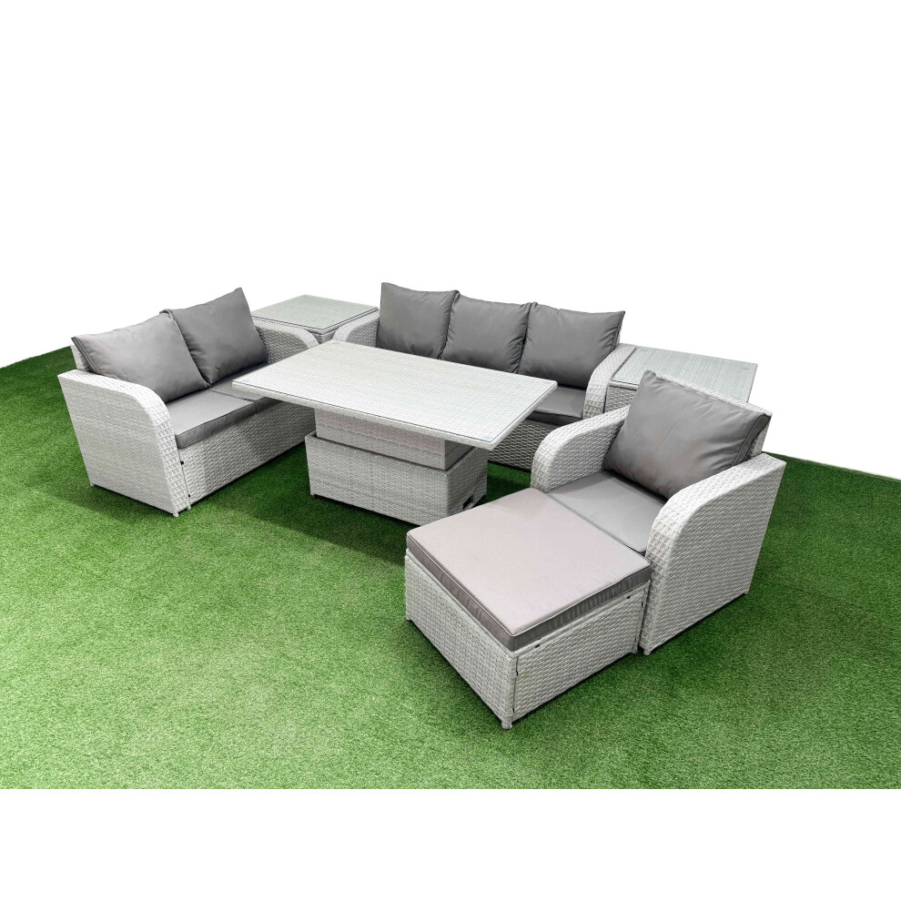 Fimous Patio PE Wicker 7 Seater Outdoor Rattan Furniture Sofa Sets with Adjustable Lifting Dining or Coffee TableBig Footstool 2 Side Table