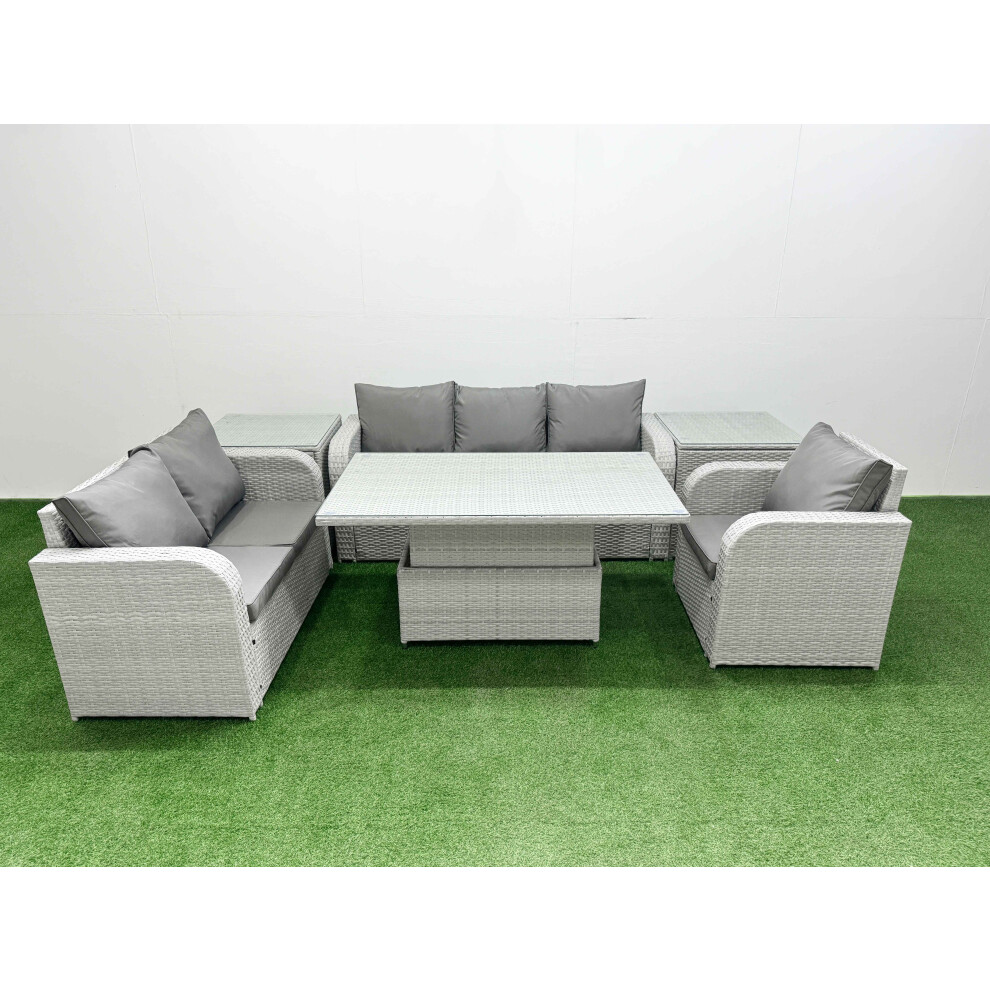 Fimous Patio PE Wicker 6 Seater Outdoor Rattan Furniture Sofa Sets with Adjustable Lifting Dining or Coffee Table2 Side Table Light Grey